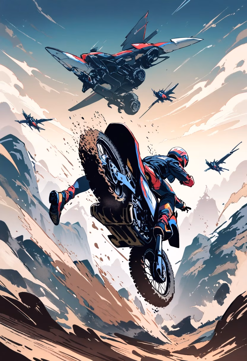 Motocross Jump — view 5 — motocross rider launching off a dirt jump, bike airborne, mud flying, dramatic sky backdrop, dynamic body position, deta