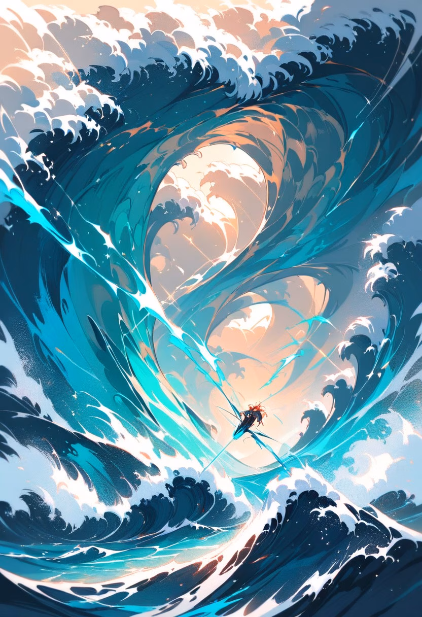Inside the Barrel — view 2 — surfer riding deep inside a massive barreling wave, sunlight piercing through the curl, spray flying, intense ocean ener