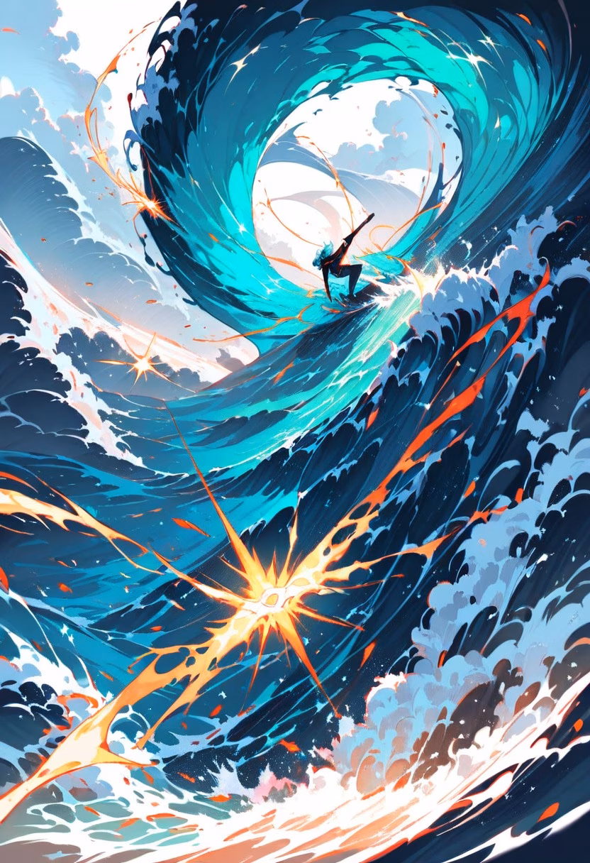 Inside the Barrel — view 3 — surfer riding deep inside a massive barreling wave, sunlight piercing through the curl, spray flying, intense ocean ener
