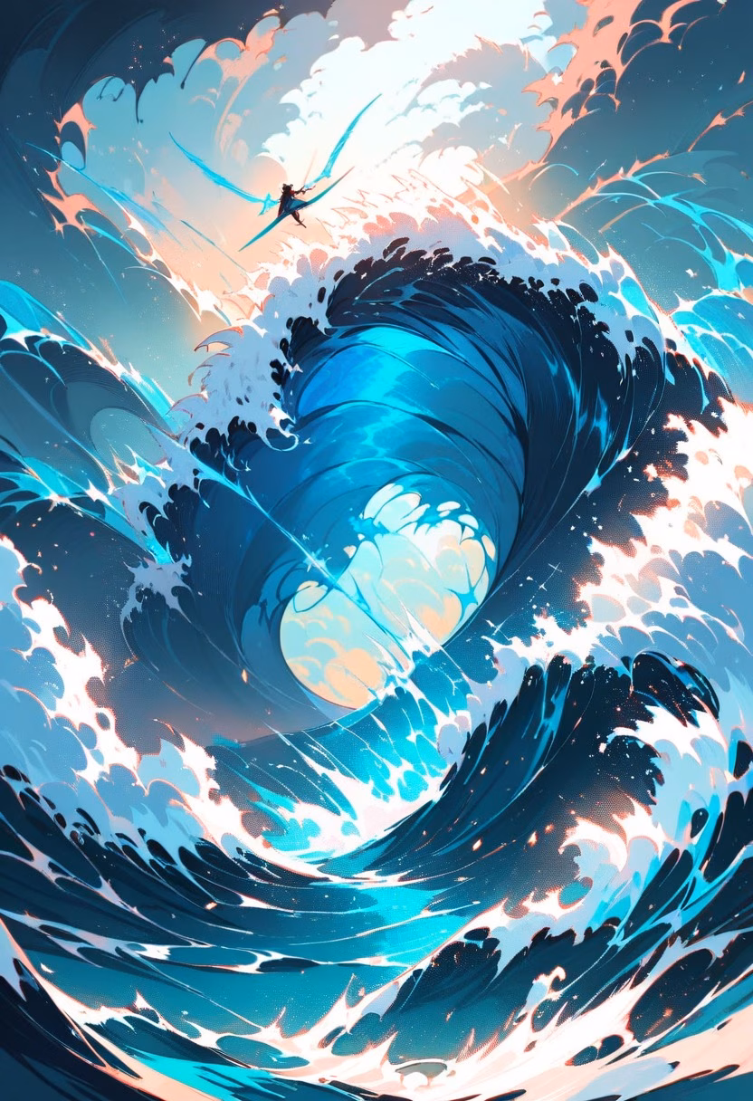 Inside the Barrel — view 4 — surfer riding deep inside a massive barreling wave, sunlight piercing through the curl, spray flying, intense ocean ener