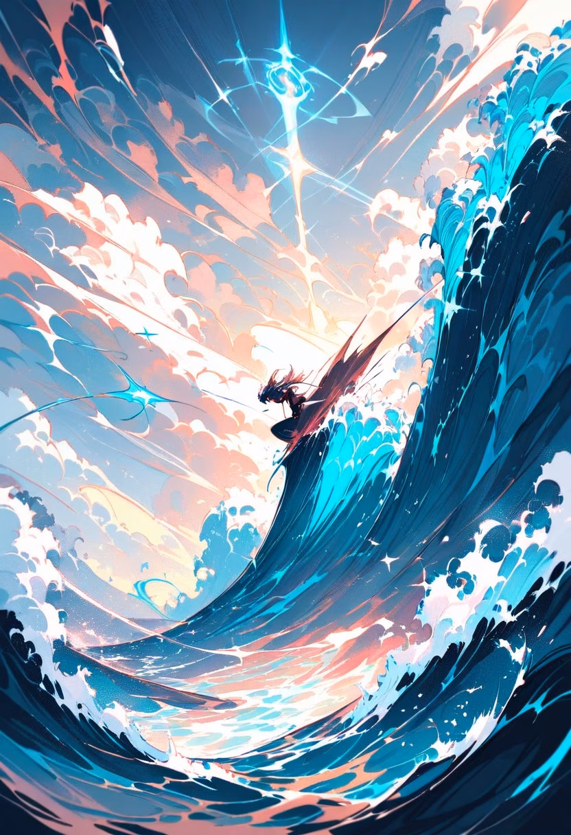 Inside the Barrel — view 5 — surfer riding deep inside a massive barreling wave, sunlight piercing through the curl, spray flying, intense ocean ener