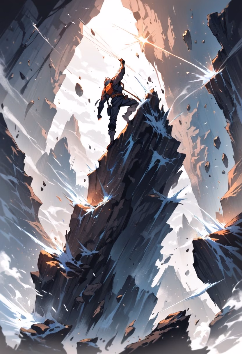 The Reach — view 2 — rock climber dynamically reaching for a hold on a sheer cliff face, chalk dust in the air, dramatic exposure, sunlit roc