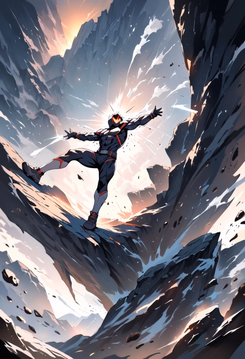 The Reach — view 3 — rock climber dynamically reaching for a hold on a sheer cliff face, chalk dust in the air, dramatic exposure, sunlit roc