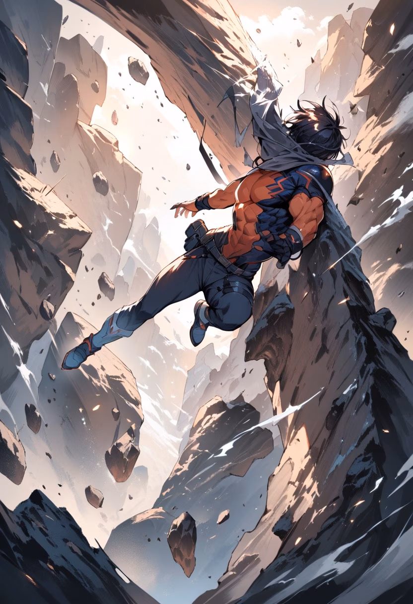 The Reach — view 5 — rock climber dynamically reaching for a hold on a sheer cliff face, chalk dust in the air, dramatic exposure, sunlit roc