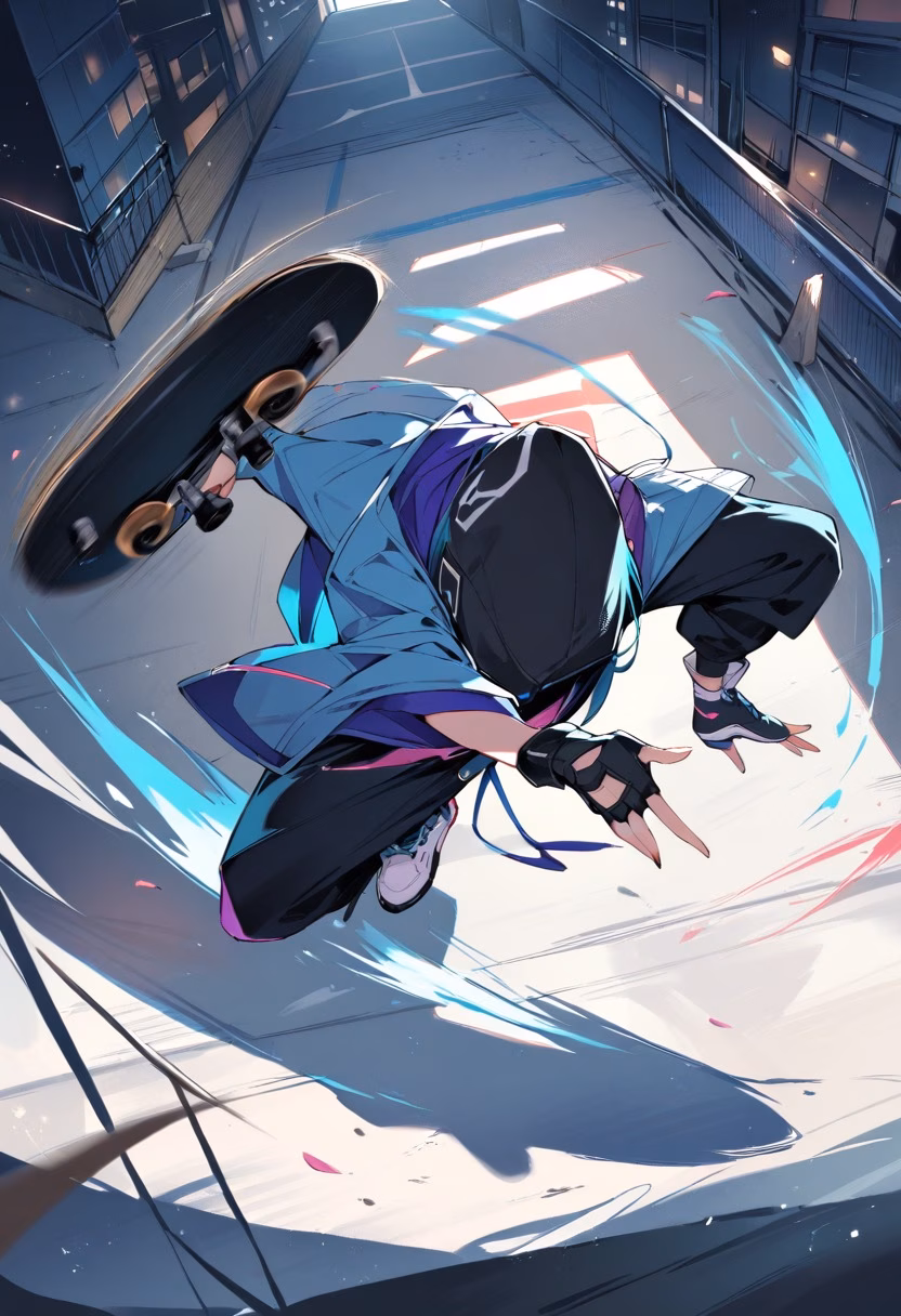 Airborne Trick — view 1 — skateboarder mid-air performing a trick above a concrete ramp, motion blur on wheels, urban skate park backdrop, dynamic