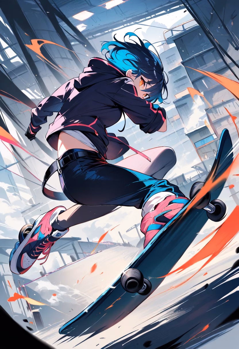 Airborne Trick — view 3 — skateboarder mid-air performing a trick above a concrete ramp, motion blur on wheels, urban skate park backdrop, dynamic