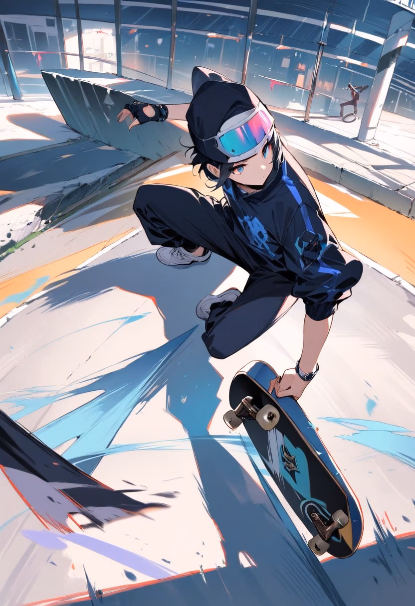 Airborne Trick — view 4 — skateboarder mid-air performing a trick above a concrete ramp, motion blur on wheels, urban skate park backdrop, dynamic