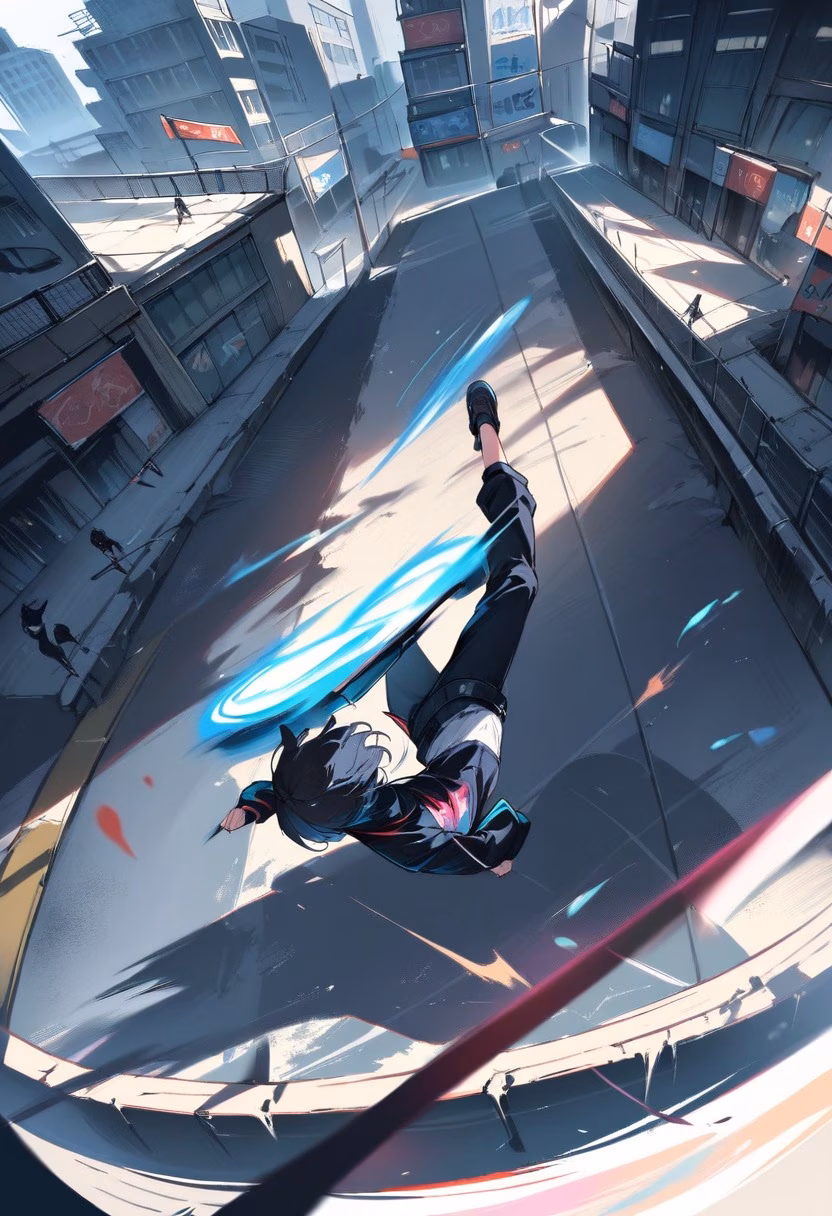 Airborne Trick — view 5 — skateboarder mid-air performing a trick above a concrete ramp, motion blur on wheels, urban skate park backdrop, dynamic