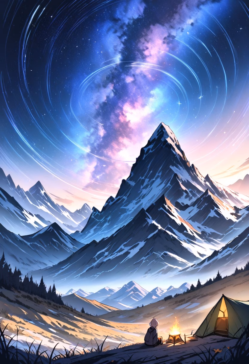 Spinning Star Trails — view 1 — star trail photography, spinning night sky, silhouetted mountain, long exposure, milky way, camping spot, landscape, det