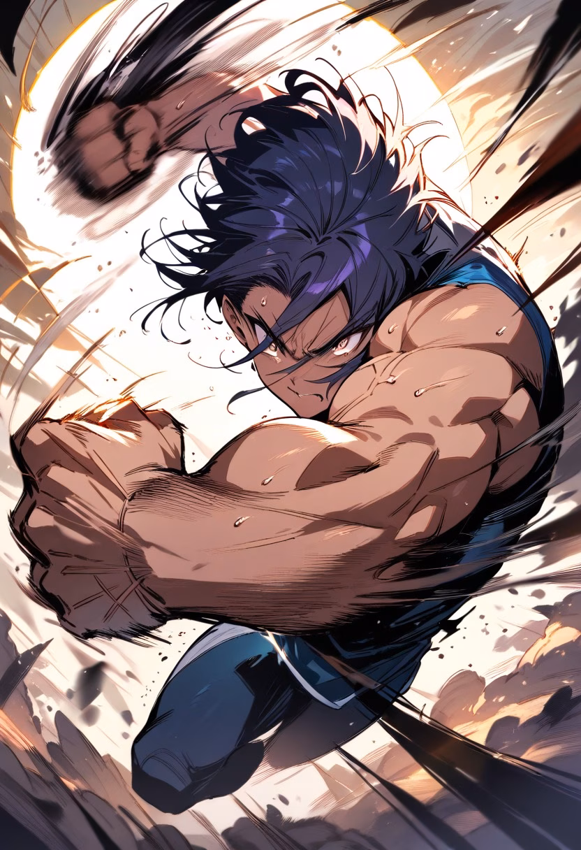 The Knockout Punch — view 1 — boxer throwing a powerful punch, sweat flying off, dramatic ring lighting, intense focused expression, dynamic motion bl