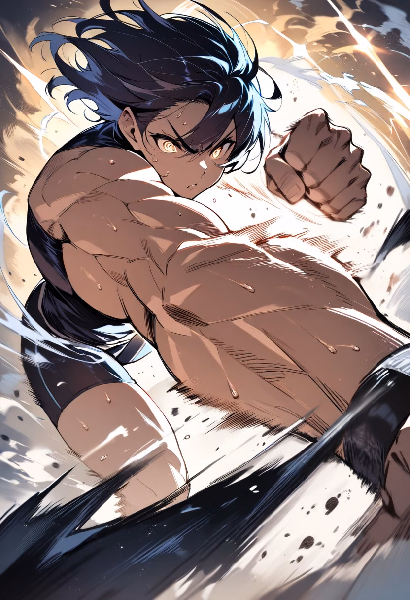 The Knockout Punch — view 2 — boxer throwing a powerful punch, sweat flying off, dramatic ring lighting, intense focused expression, dynamic motion bl