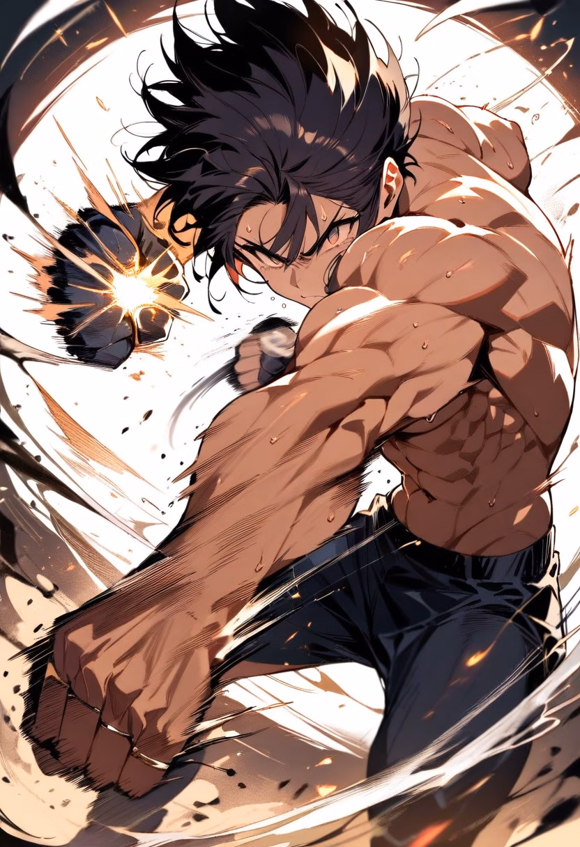 The Knockout Punch — view 3 — boxer throwing a powerful punch, sweat flying off, dramatic ring lighting, intense focused expression, dynamic motion bl