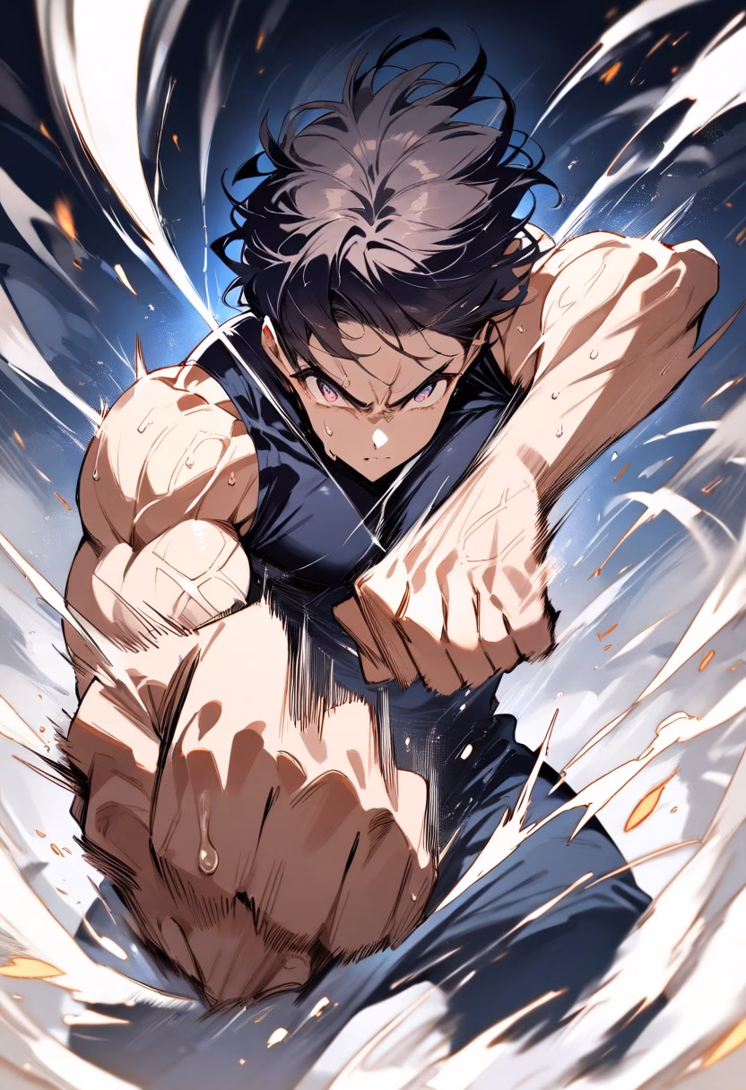 The Knockout Punch — view 4 — boxer throwing a powerful punch, sweat flying off, dramatic ring lighting, intense focused expression, dynamic motion bl