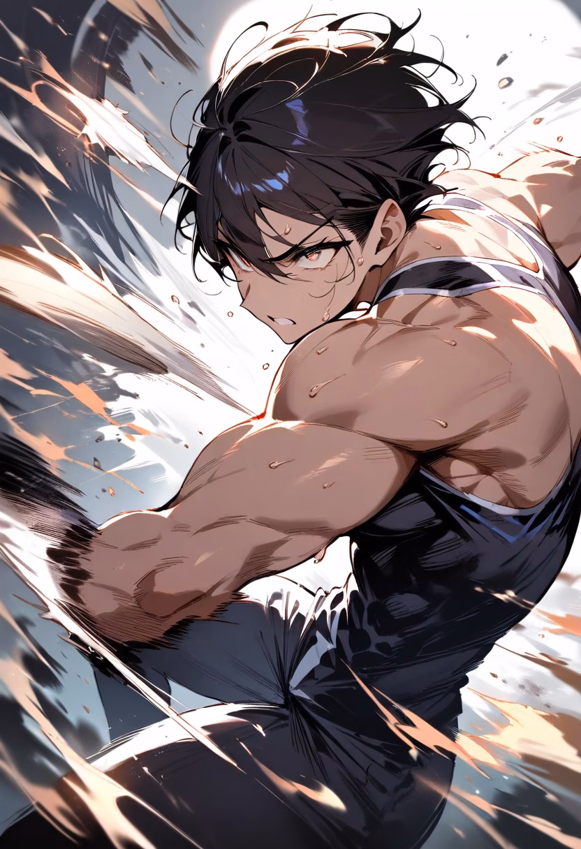 The Knockout Punch — view 5 — boxer throwing a powerful punch, sweat flying off, dramatic ring lighting, intense focused expression, dynamic motion bl