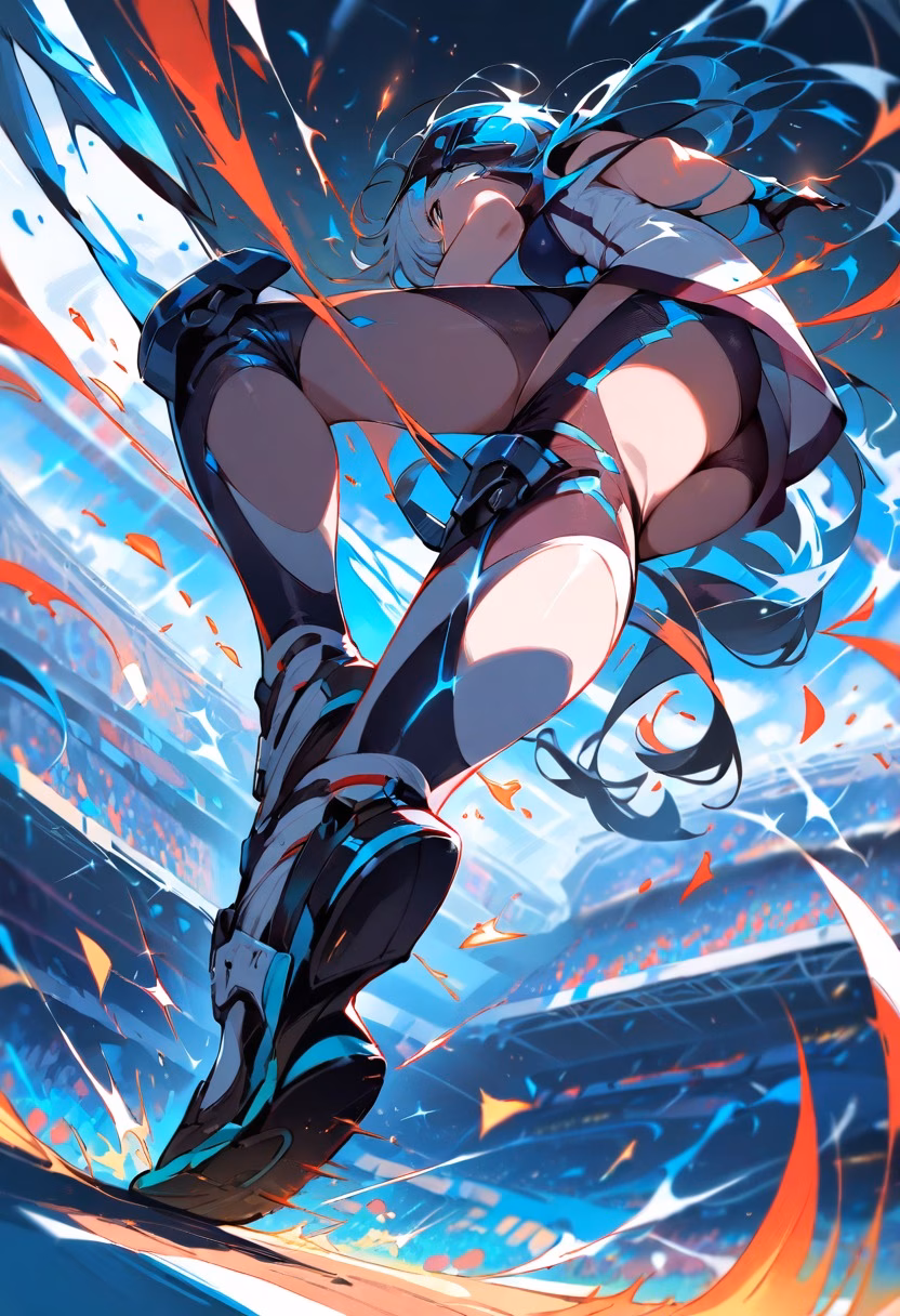 Explosive Start — view 1 — sprinter bursting out of the starting blocks, explosive leg drive, stadium crowd blurred in background, dramatic low ang