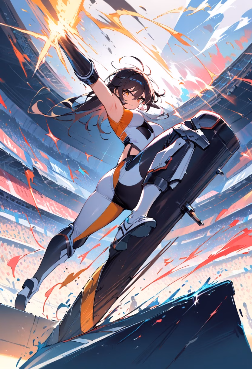 Explosive Start — view 2 — sprinter bursting out of the starting blocks, explosive leg drive, stadium crowd blurred in background, dramatic low ang