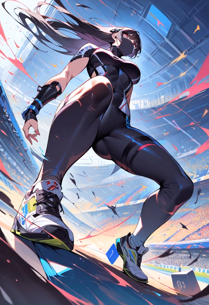 Explosive Start — view 3 — sprinter bursting out of the starting blocks, explosive leg drive, stadium crowd blurred in background, dramatic low ang