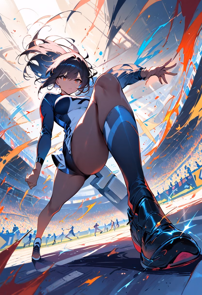 Explosive Start — view 5 — sprinter bursting out of the starting blocks, explosive leg drive, stadium crowd blurred in background, dramatic low ang