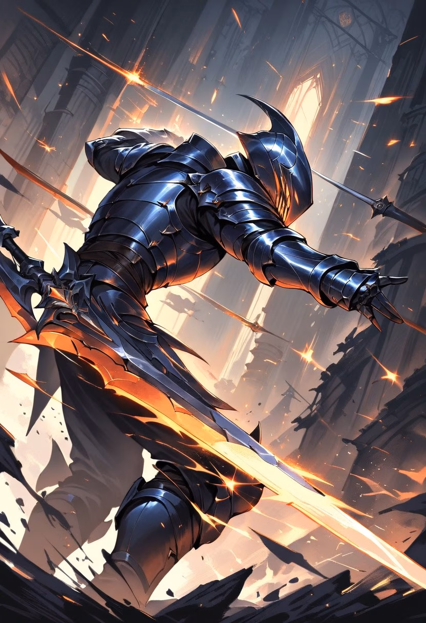 Clash of Blades — view 2 — medieval knight swinging a sword mid-battle, sparks flying off clashing blades, dramatic torch-lit courtyard, dynamic ar