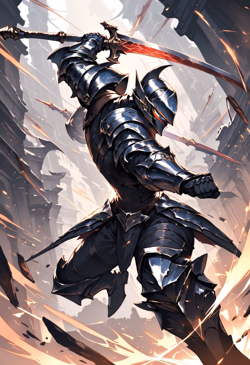Clash of Blades — view 3 — medieval knight swinging a sword mid-battle, sparks flying off clashing blades, dramatic torch-lit courtyard, dynamic ar