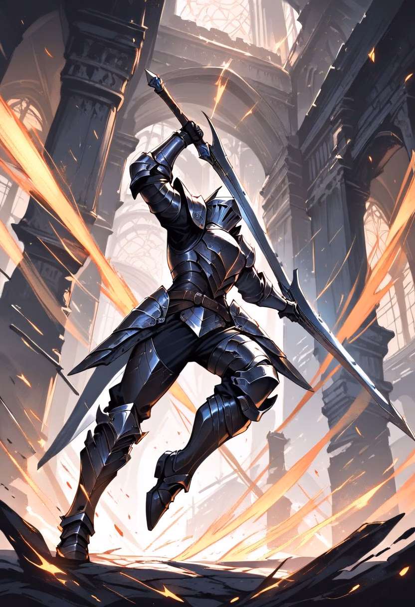 Clash of Blades — view 4 — medieval knight swinging a sword mid-battle, sparks flying off clashing blades, dramatic torch-lit courtyard, dynamic ar