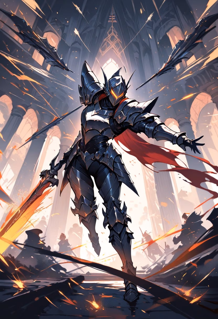 Clash of Blades — view 5 — medieval knight swinging a sword mid-battle, sparks flying off clashing blades, dramatic torch-lit courtyard, dynamic ar