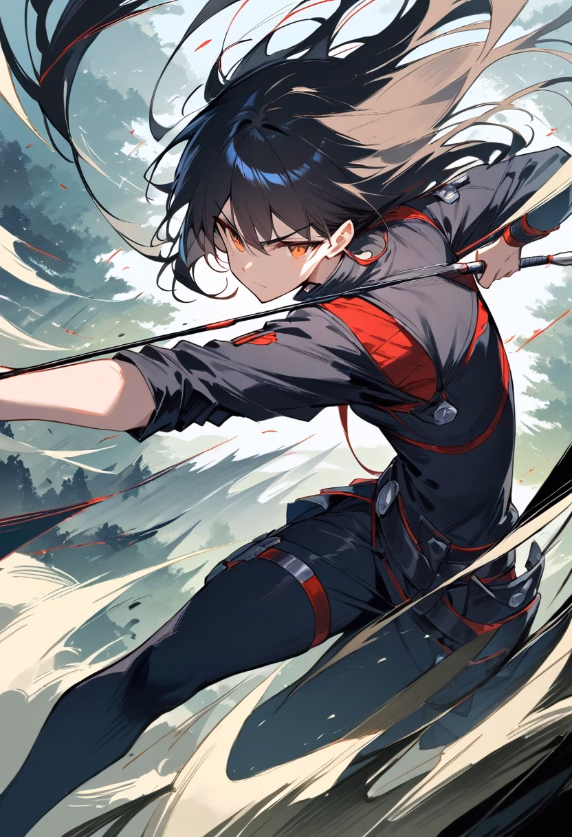 Full Draw — view 1 — archer drawing a bow at full tension, arrow about to release, wind blowing through hair and clothing, dramatic forest ba