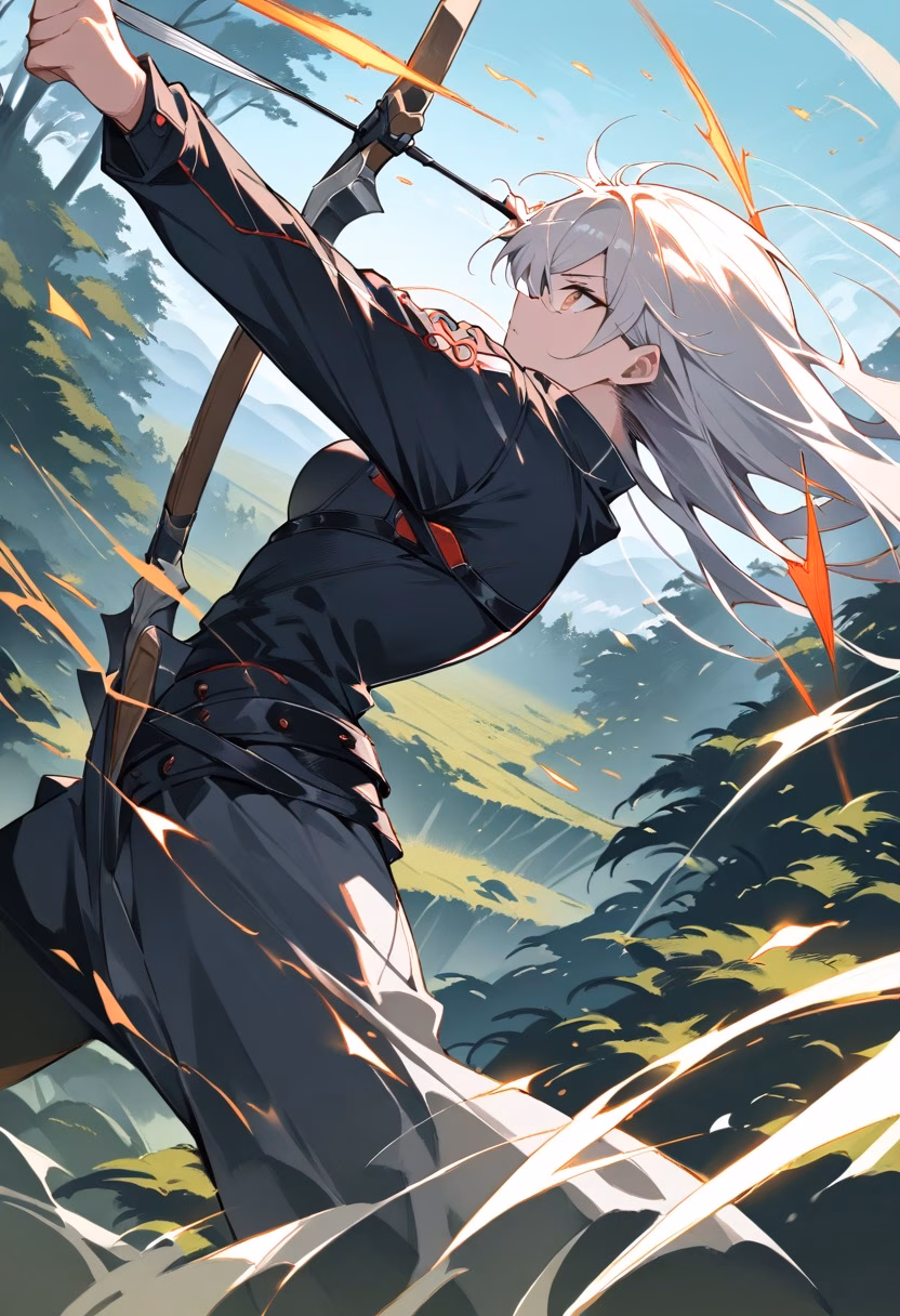 Full Draw — view 2 — archer drawing a bow at full tension, arrow about to release, wind blowing through hair and clothing, dramatic forest ba