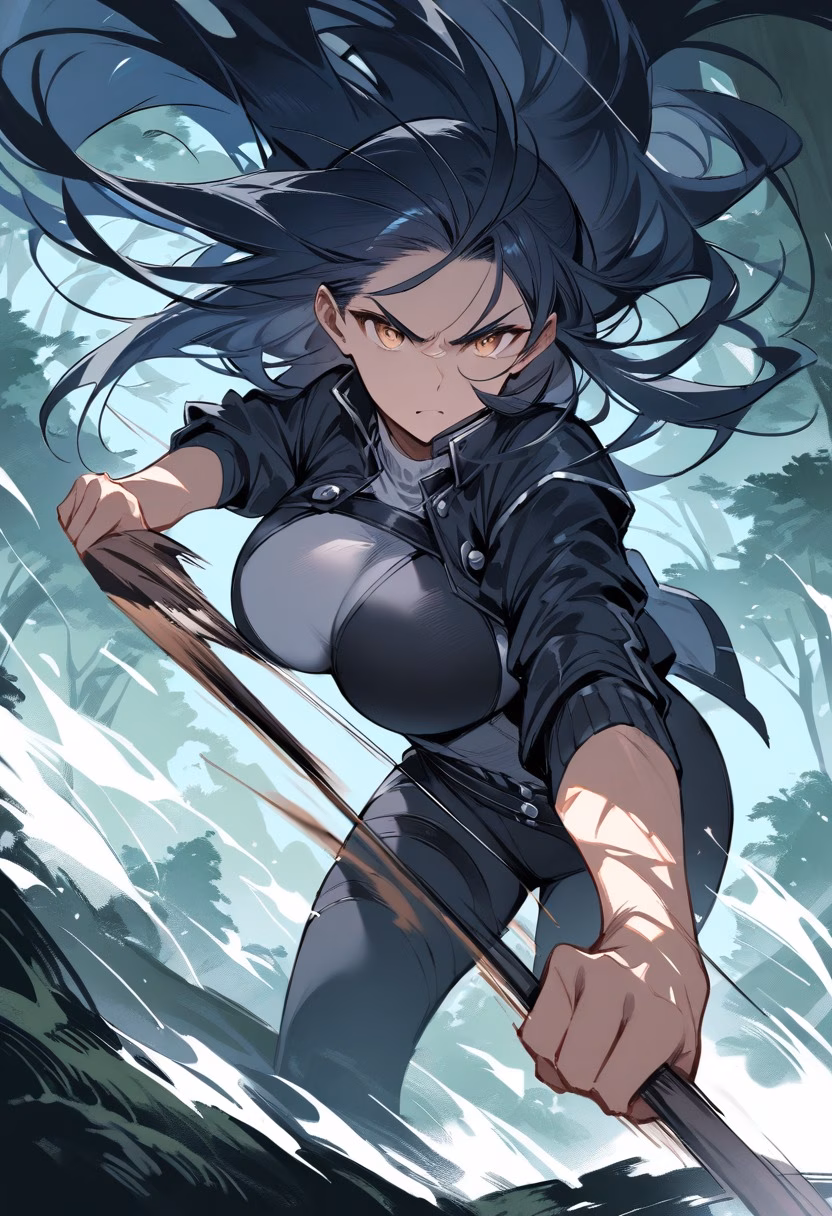 Full Draw — view 3 — archer drawing a bow at full tension, arrow about to release, wind blowing through hair and clothing, dramatic forest ba