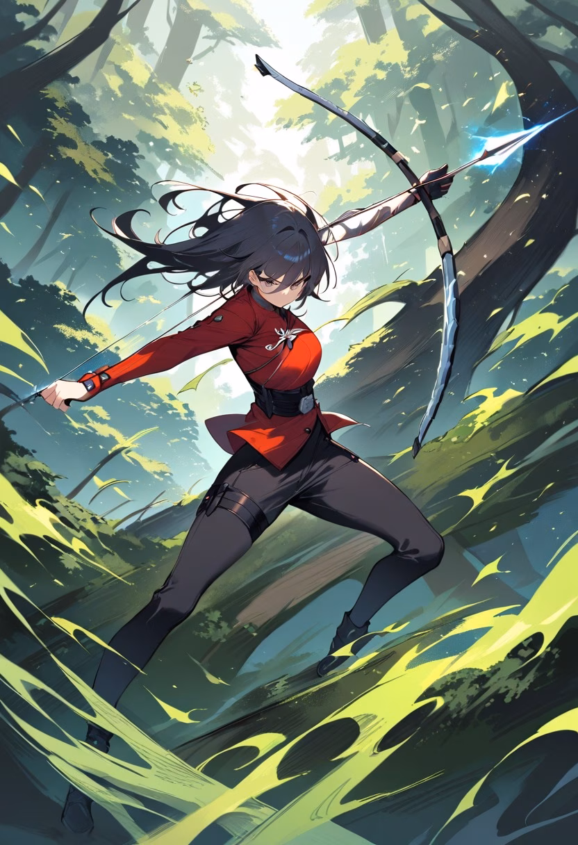 Full Draw — view 4 — archer drawing a bow at full tension, arrow about to release, wind blowing through hair and clothing, dramatic forest ba