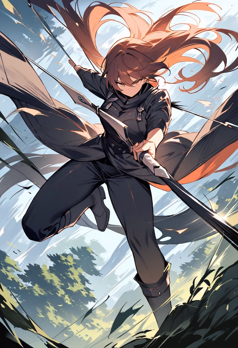 Full Draw — view 5 — archer drawing a bow at full tension, arrow about to release, wind blowing through hair and clothing, dramatic forest ba