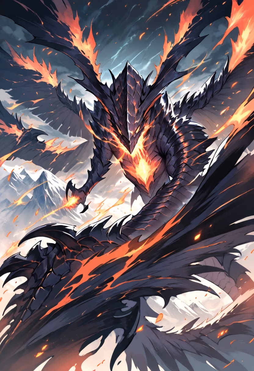 Dragon's Fire — view 1 — dragon breathing fire mid-flight over a mountain battlefield, wings spread wide, glowing embers, dramatic storm clouds, 
