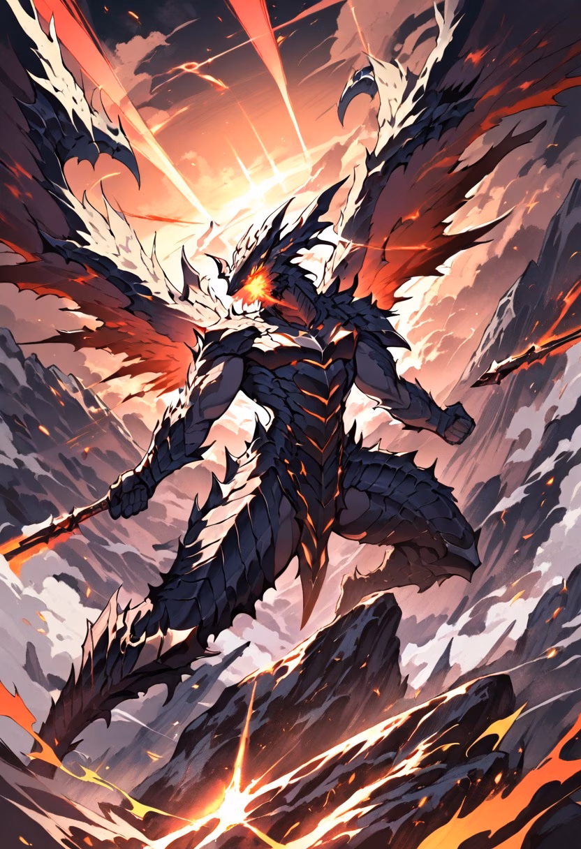 Dragon's Fire — view 2 — dragon breathing fire mid-flight over a mountain battlefield, wings spread wide, glowing embers, dramatic storm clouds,