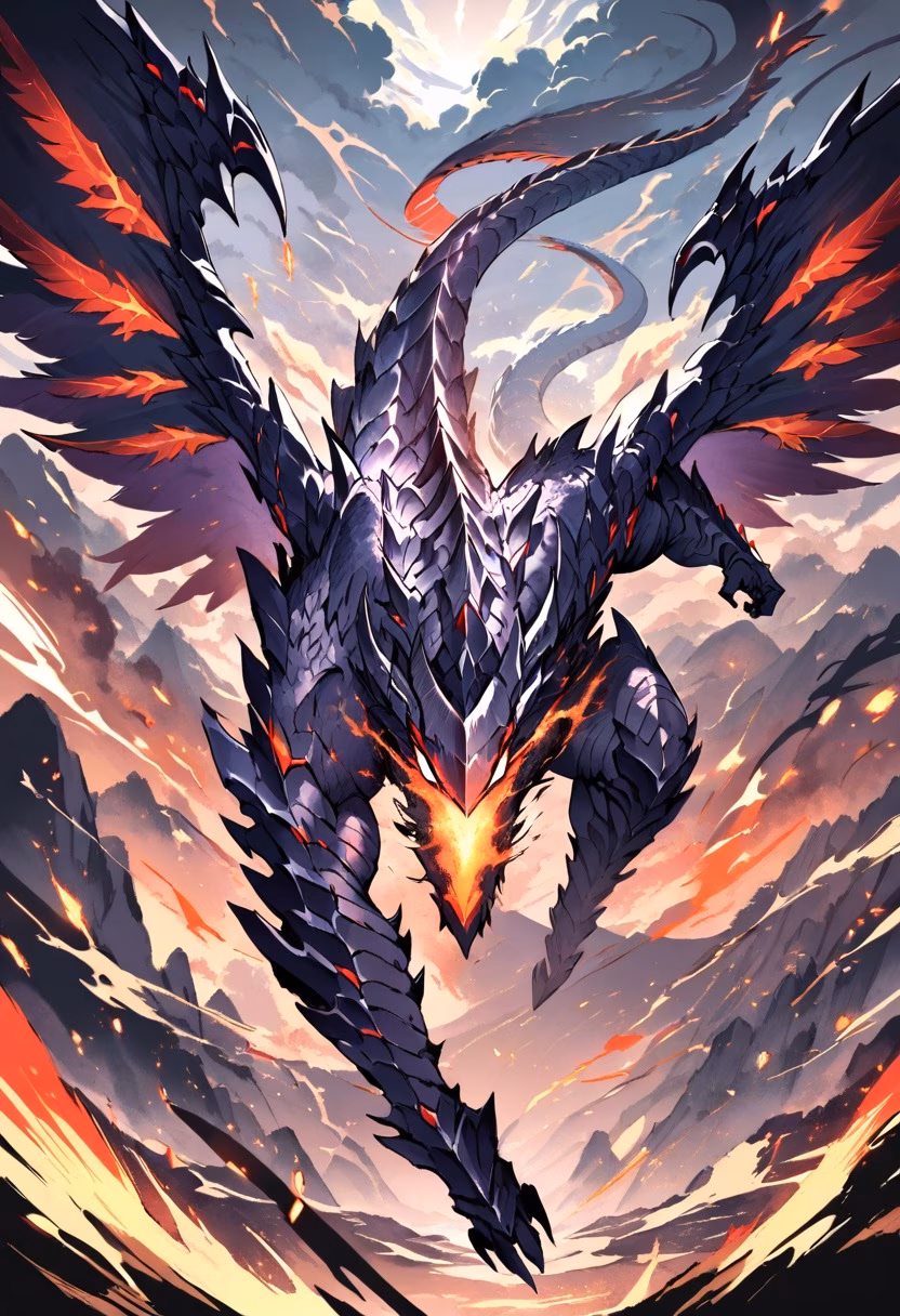 Dragon's Fire — view 3 — dragon breathing fire mid-flight over a mountain battlefield, wings spread wide, glowing embers, dramatic storm clouds,