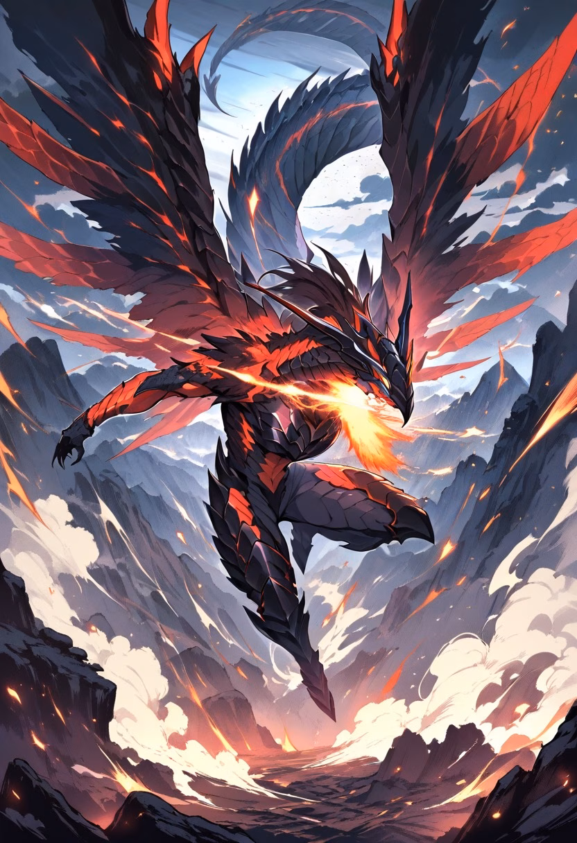 Dragon's Fire — view 4 — dragon breathing fire mid-flight over a mountain battlefield, wings spread wide, glowing embers, dramatic storm clouds,