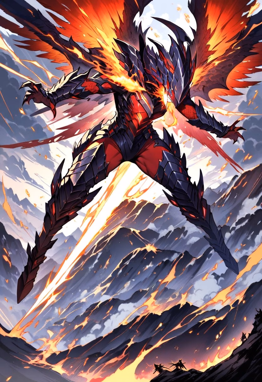 Dragon's Fire — view 5 — dragon breathing fire mid-flight over a mountain battlefield, wings spread wide, glowing embers, dramatic storm clouds, 