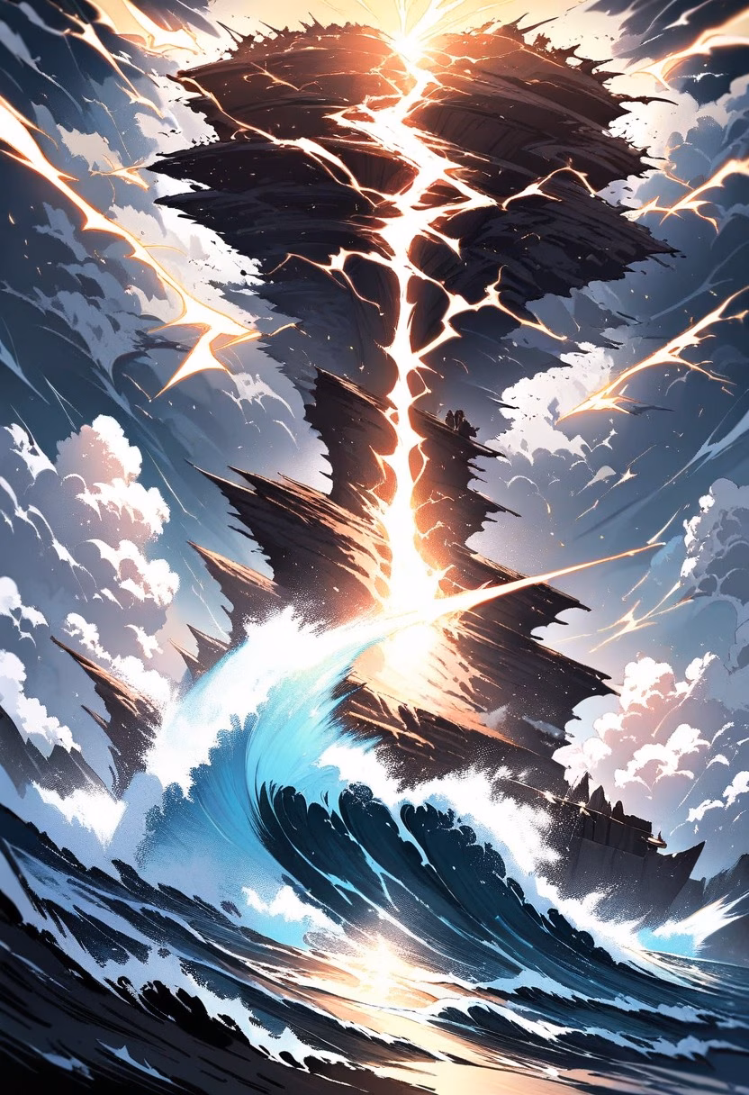 Storm at the Cliffs — view 3 — lightning storm striking over a raging ocean, massive waves crashing against dark cliffs, dramatic bright flash, intense