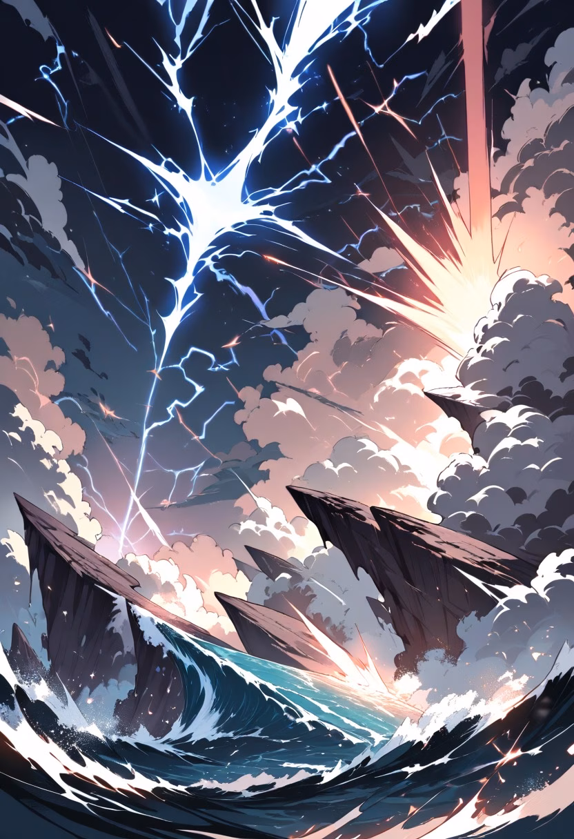 Storm at the Cliffs — view 5 — lightning storm striking over a raging ocean, massive waves crashing against dark cliffs, dramatic bright flash, intense