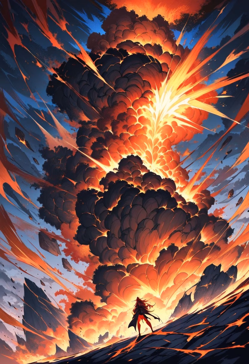 Volcanic Eruption — view 1 — volcano erupting at night, molten lava bursting into the sky, glowing ash clouds, dramatic red and orange light, powerfu