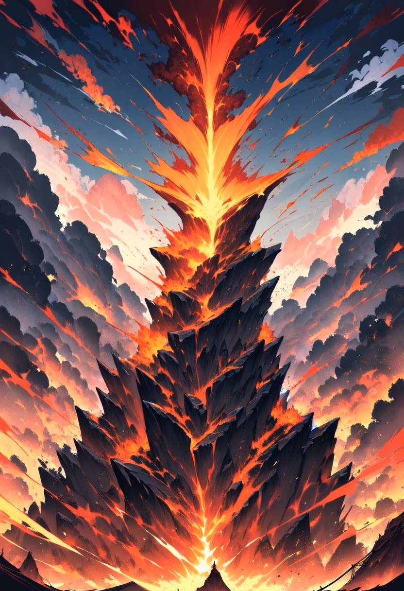 Volcanic Eruption — view 2 — volcano erupting at night, molten lava bursting into the sky, glowing ash clouds, dramatic red and orange light, powerfu
