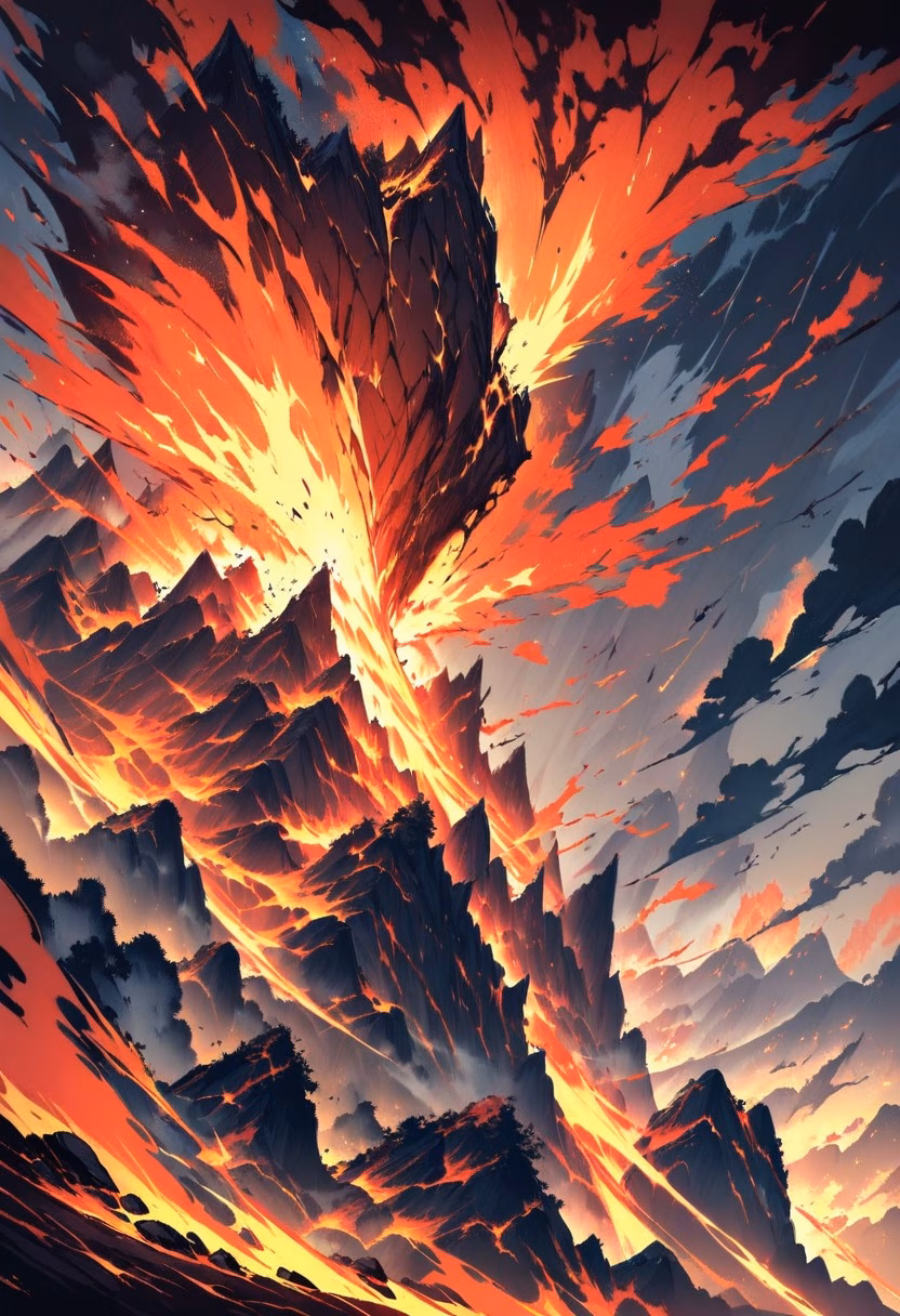 Volcanic Eruption — view 3 — volcano erupting at night, molten lava bursting into the sky, glowing ash clouds, dramatic red and orange light, powerfu