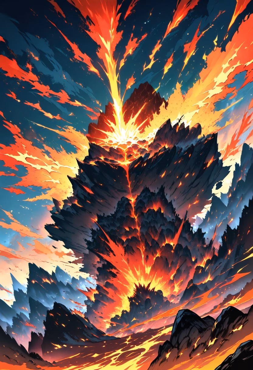 Volcanic Eruption — view 4 — volcano erupting at night, molten lava bursting into the sky, glowing ash clouds, dramatic red and orange light, powerfu