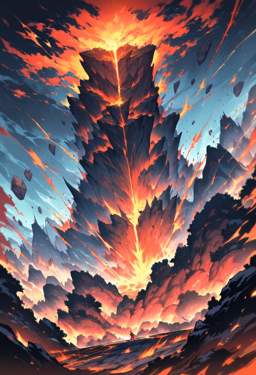 Volcanic Eruption — view 5 — volcano erupting at night, molten lava bursting into the sky, glowing ash clouds, dramatic red and orange light, powerfu