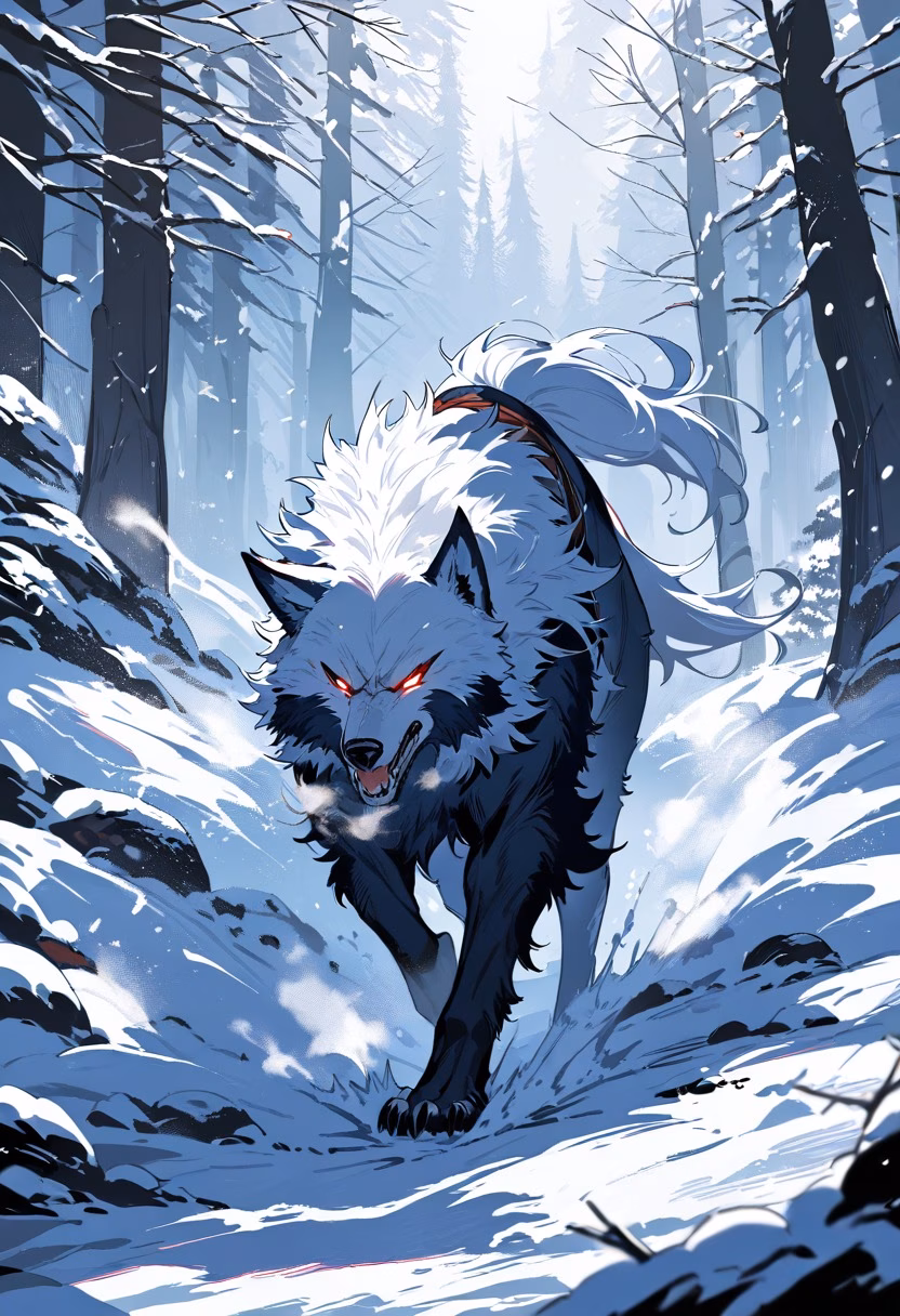 The Chase — view 1 — wolf pack chasing prey through deep snow, powerful strides, breath visible in cold air, dramatic winter forest, intense 