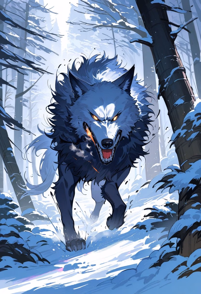 The Chase — view 2 — wolf pack chasing prey through deep snow, powerful strides, breath visible in cold air, dramatic winter forest, intense