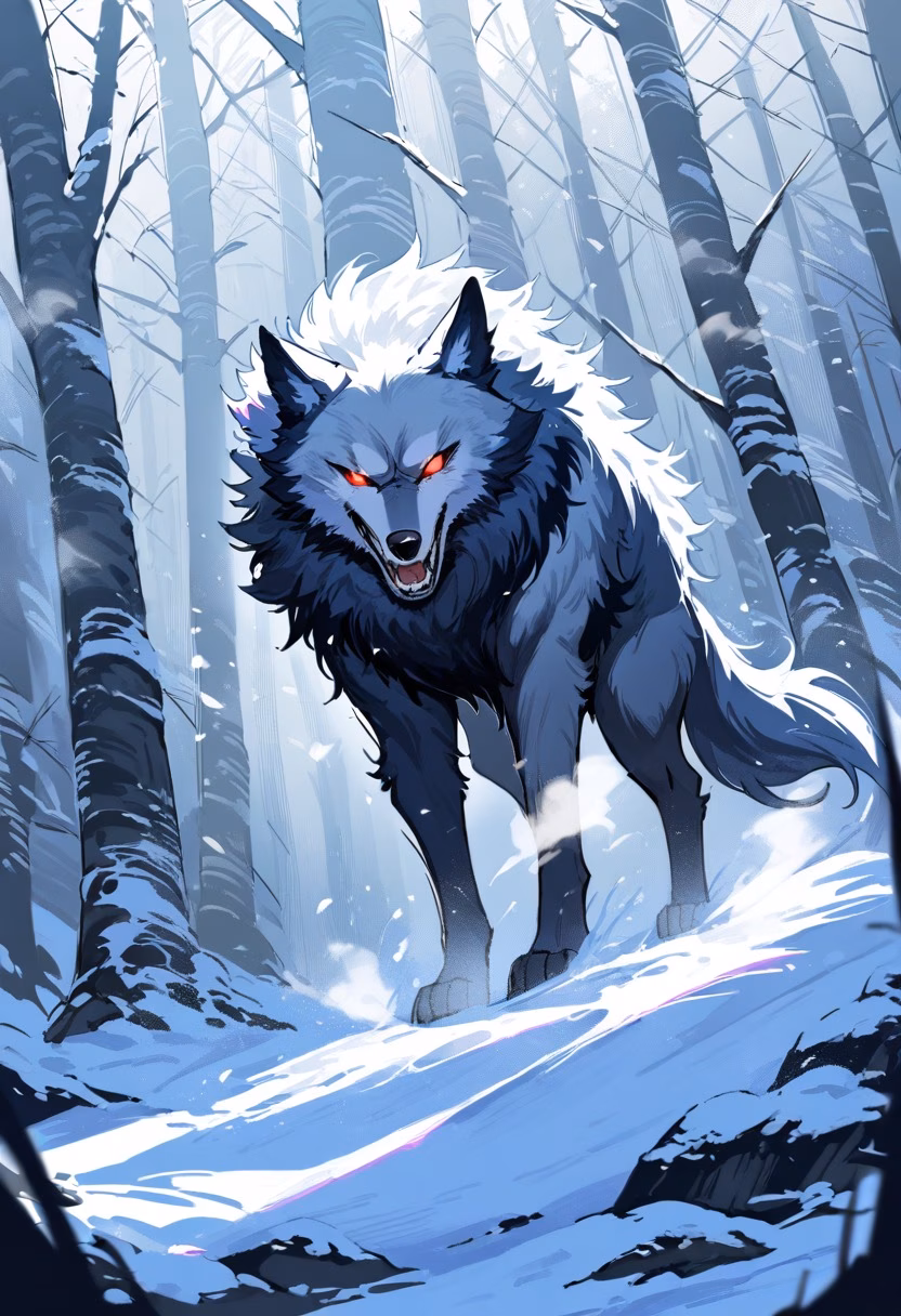 The Chase — view 3 — wolf pack chasing prey through deep snow, powerful strides, breath visible in cold air, dramatic winter forest, intense