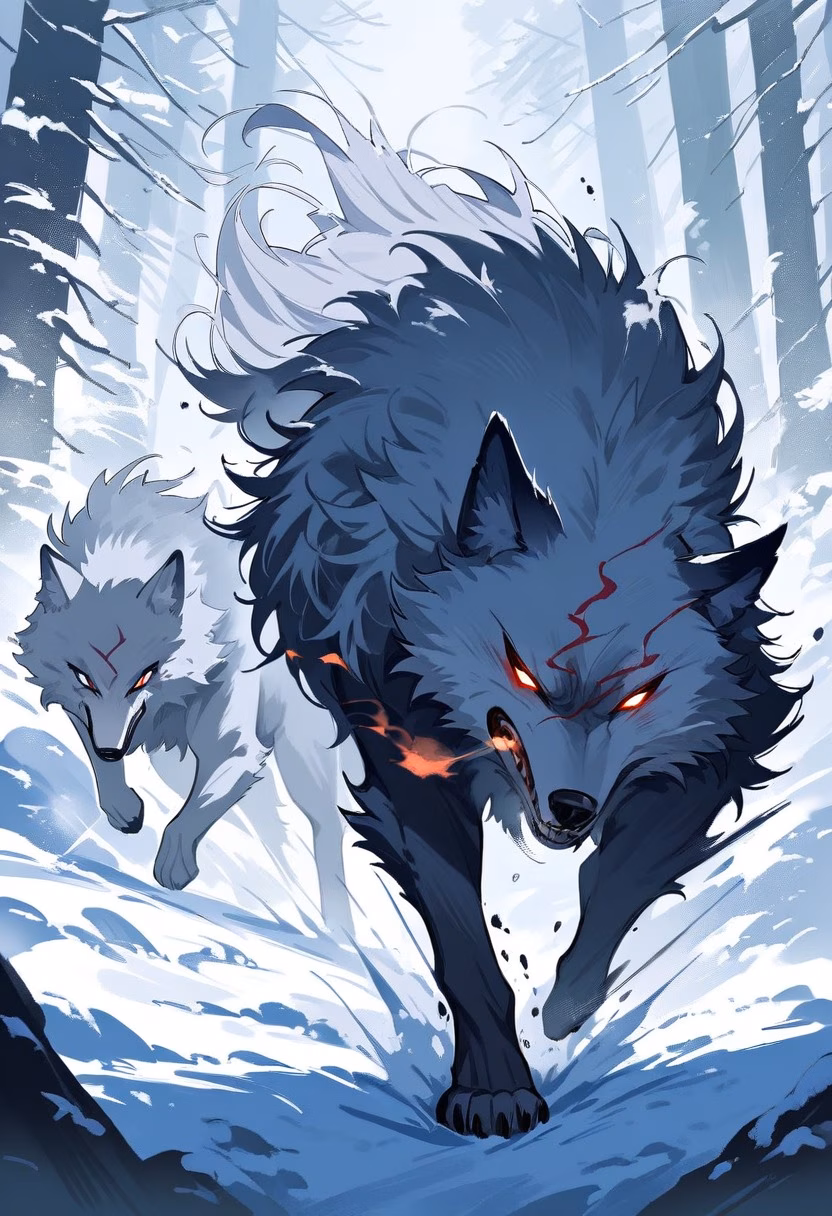 The Chase — view 4 — wolf pack chasing prey through deep snow, powerful strides, breath visible in cold air, dramatic winter forest, intense