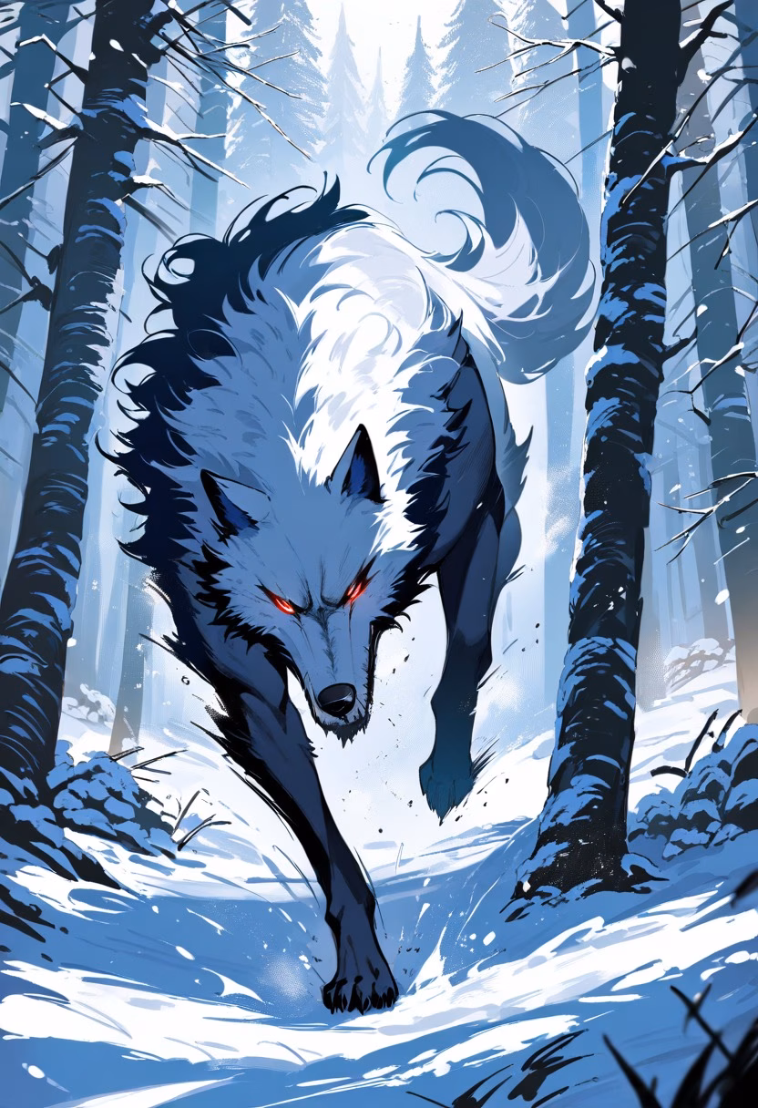 The Chase — view 5 — wolf pack chasing prey through deep snow, powerful strides, breath visible in cold air, dramatic winter forest, intense 