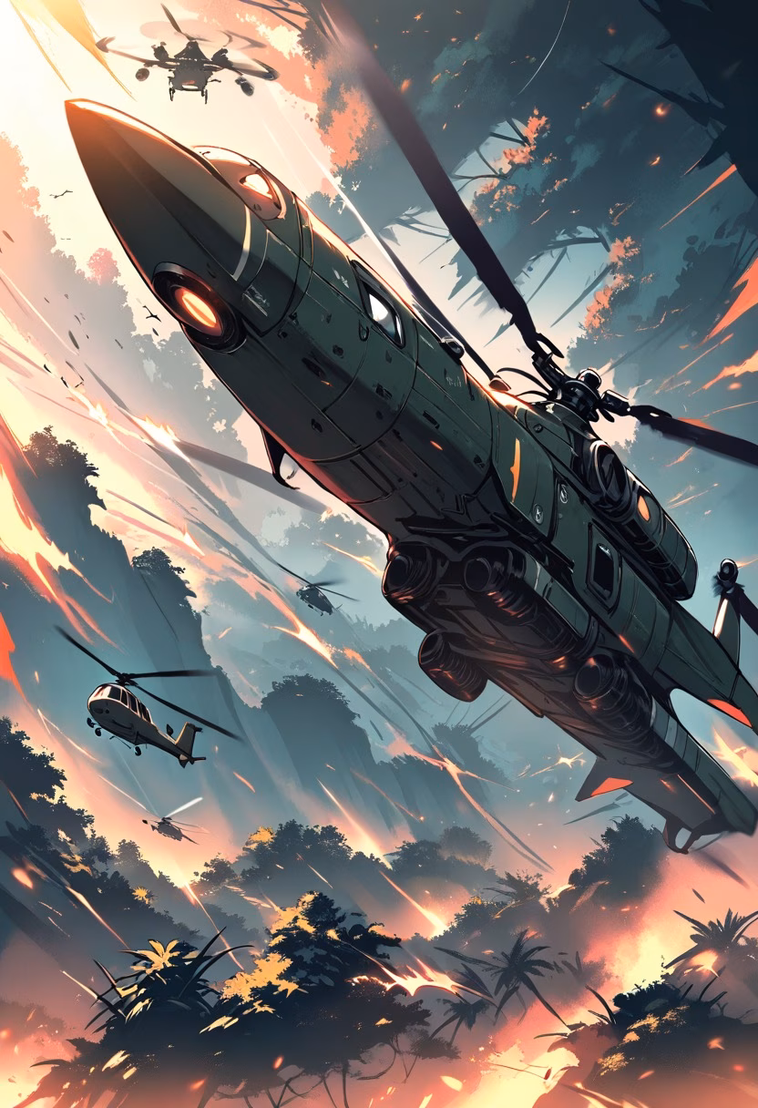 Jungle Rescue Flight — view 1 — helicopter flying low over a jungle canyon during a rescue mission, rotor wash bending trees, dramatic sunset light, int