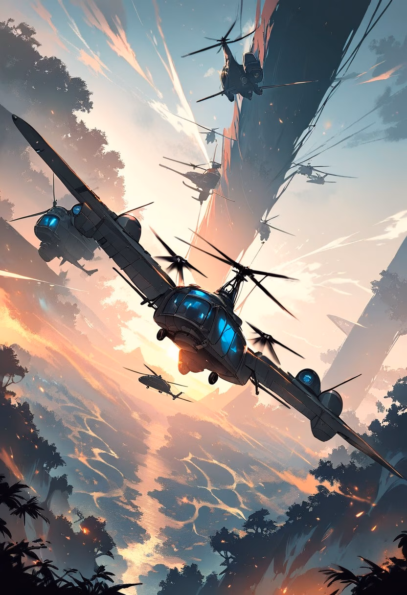 Jungle Rescue Flight — view 2 — helicopter flying low over a jungle canyon during a rescue mission, rotor wash bending trees, dramatic sunset light, int